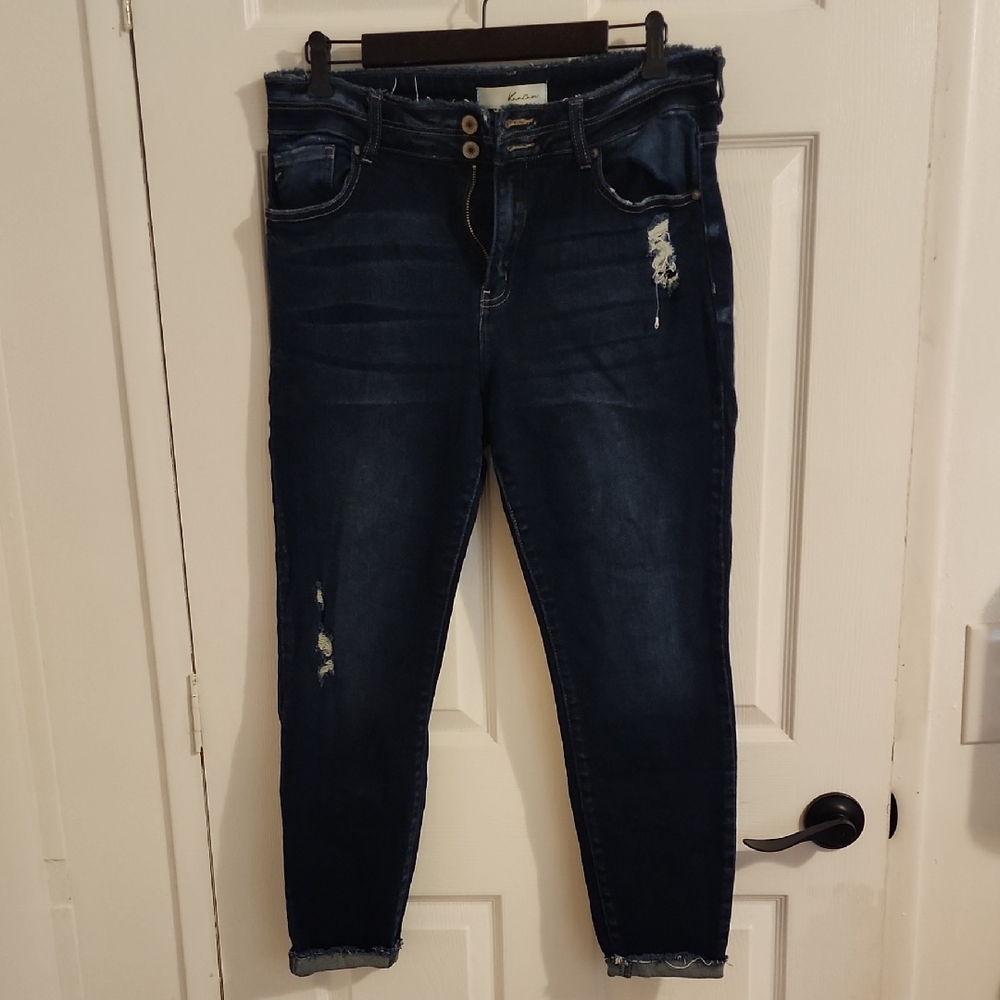 Dark Blue Distressed Ankle Jeans